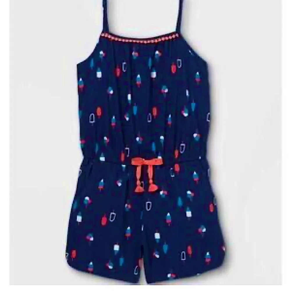 Cat and Jack Viscose red white blue ice cream Romper jumpsuit shorts XL 14/16